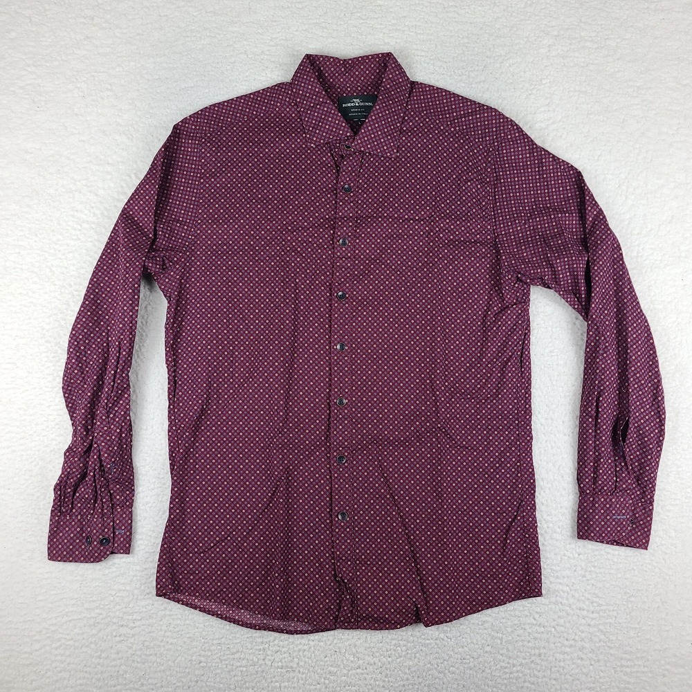 Rodd Gunn Shirt Mens Large Dark Burgundy Blue Sports Fit Dress Button Up‎